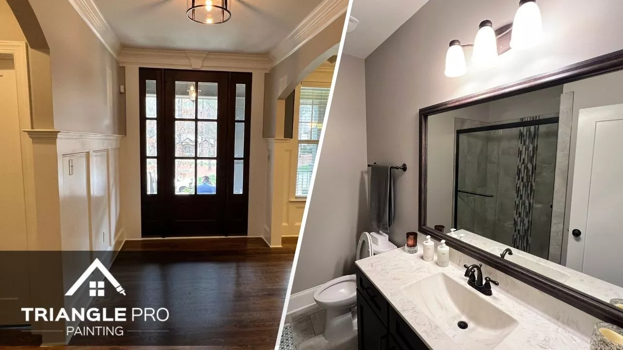 This is a split image of a newly painted door and comfort room walls.