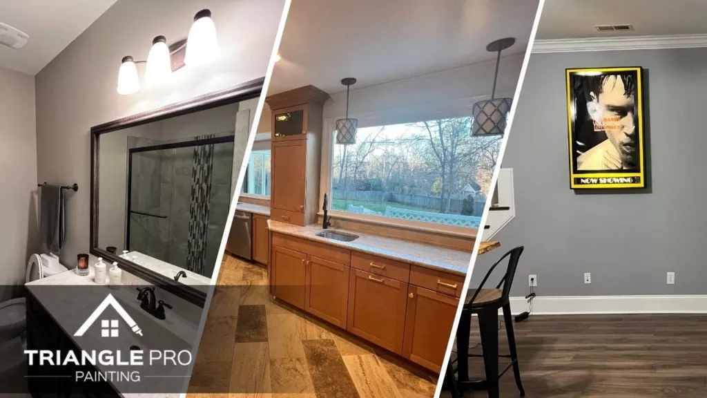 This is a split image of gray wall, kitchen cabinet, and a newly renovated comfort room,