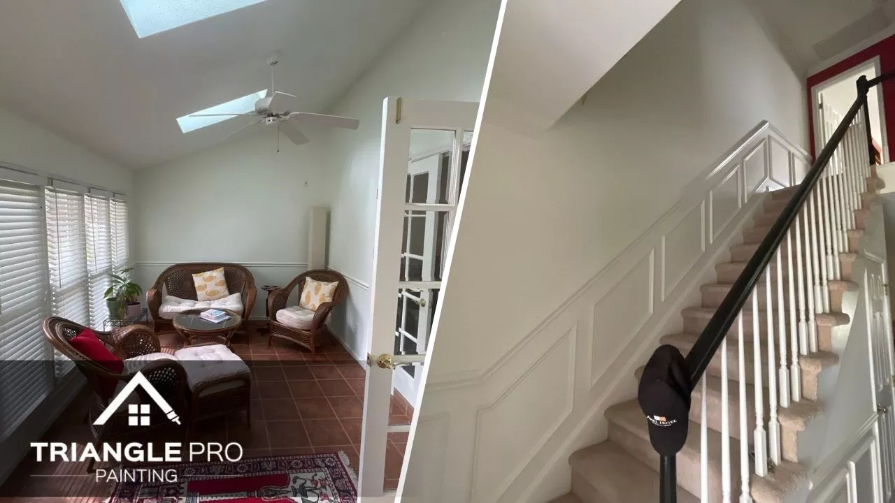 This is a split image of a room that is painted with white paint and a stairs.