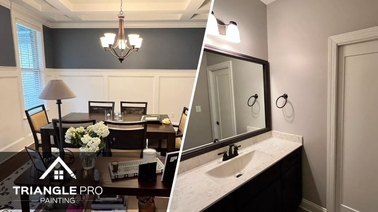 A blue painted kitchen walls and a bathroom that is newly painted.