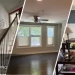 This is a split image of stairs, gray room, and kitchen in Raleigh, NC.