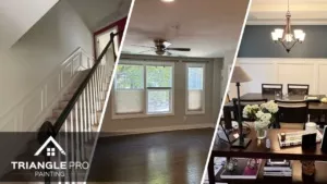 This is a split image of stairs, gray room, and kitchen in Raleigh, NC.