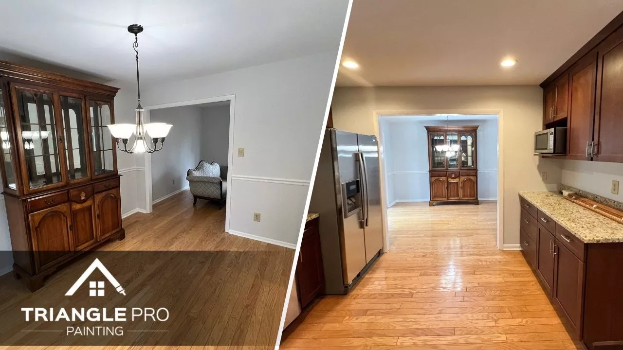 This is a split image of gray painted wall and a kitchen cabinet.