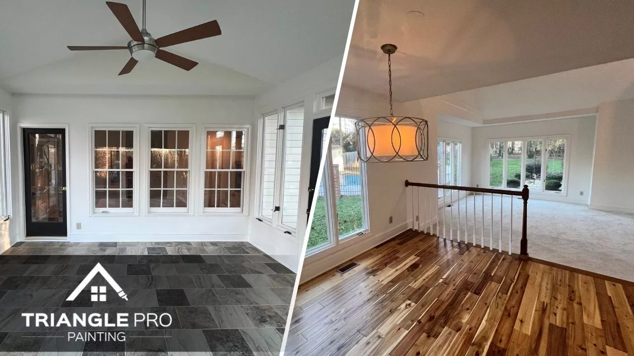 This is a split image of white door and living room in Raleigh, NC.