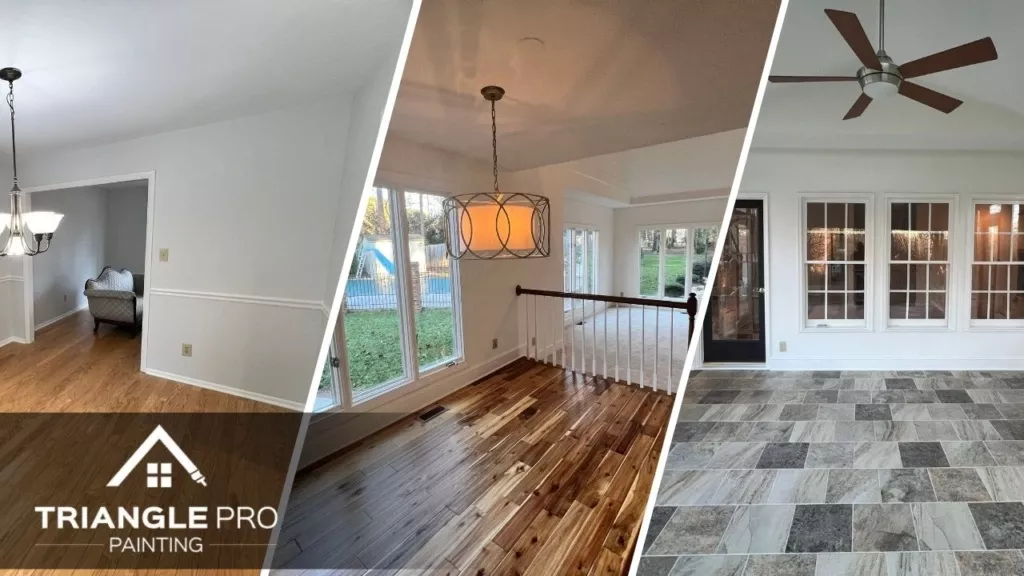 This is a split image of gray painted wall, a living room that is newly painted, and a white painted door.
