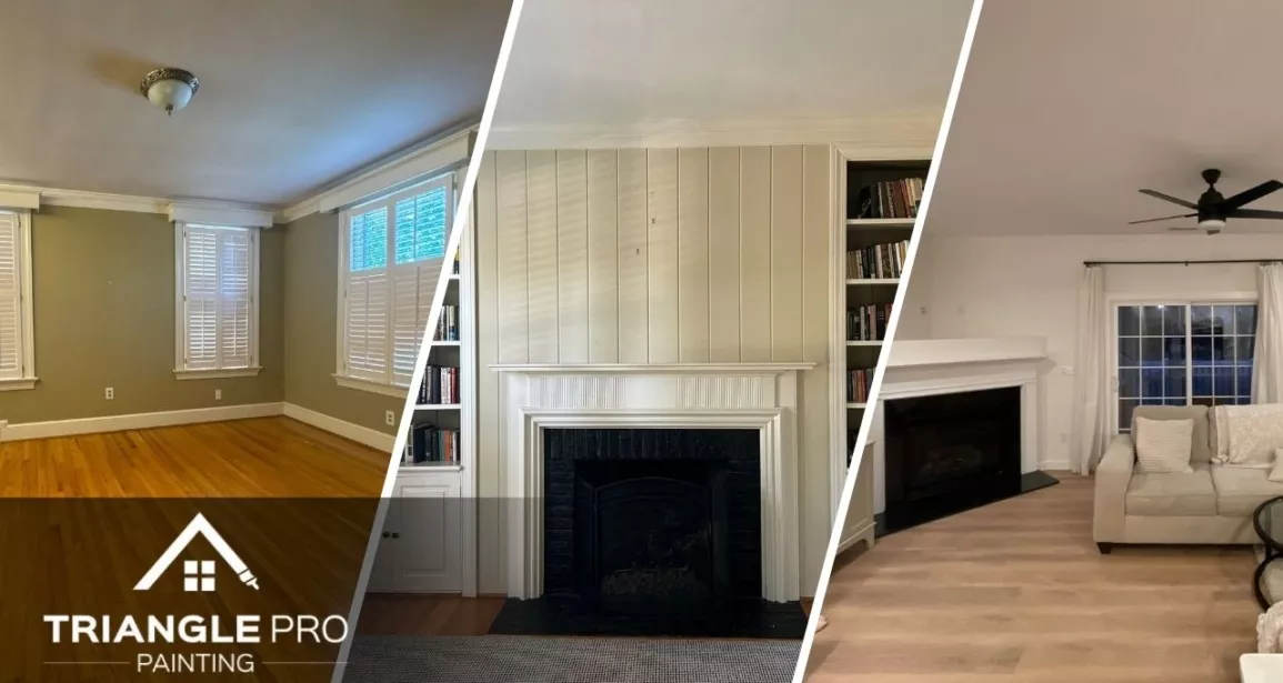 A split image of green room, cream colored wall, and white painted living room.
