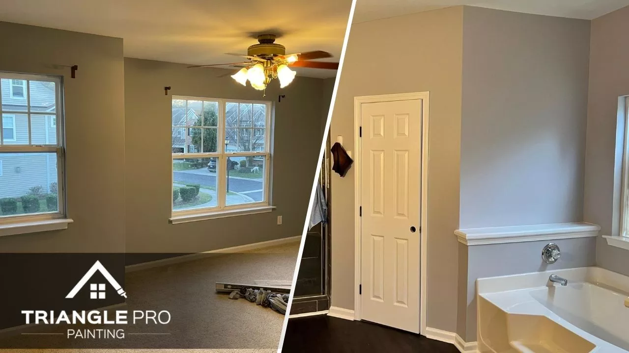 This is a split image of interior painting services done by Triangle Pro Painting.