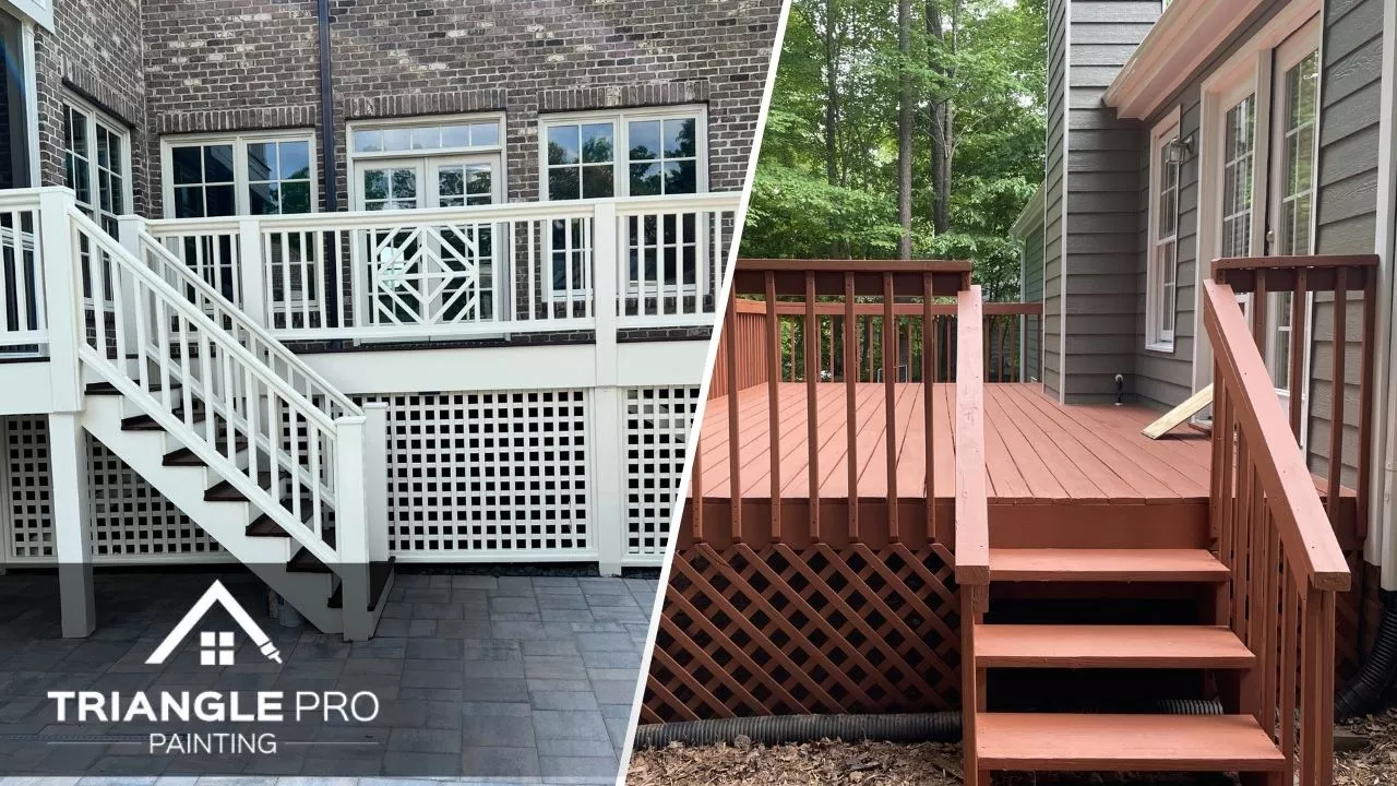 This is a a split image of deck painting in Raleigh, NC.