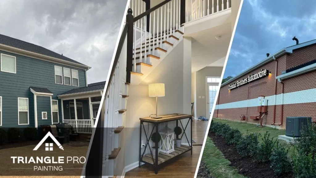 This is a split image of blue house, white painted wall, and a red brick.