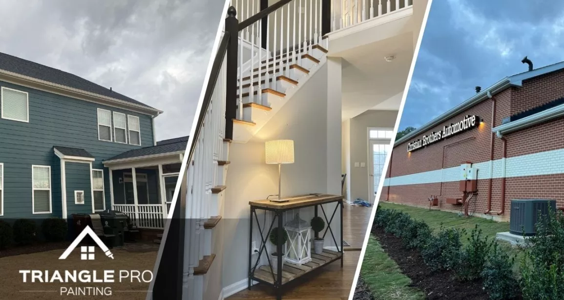 This is a split image of blue house, white painted wall, and a red brick.