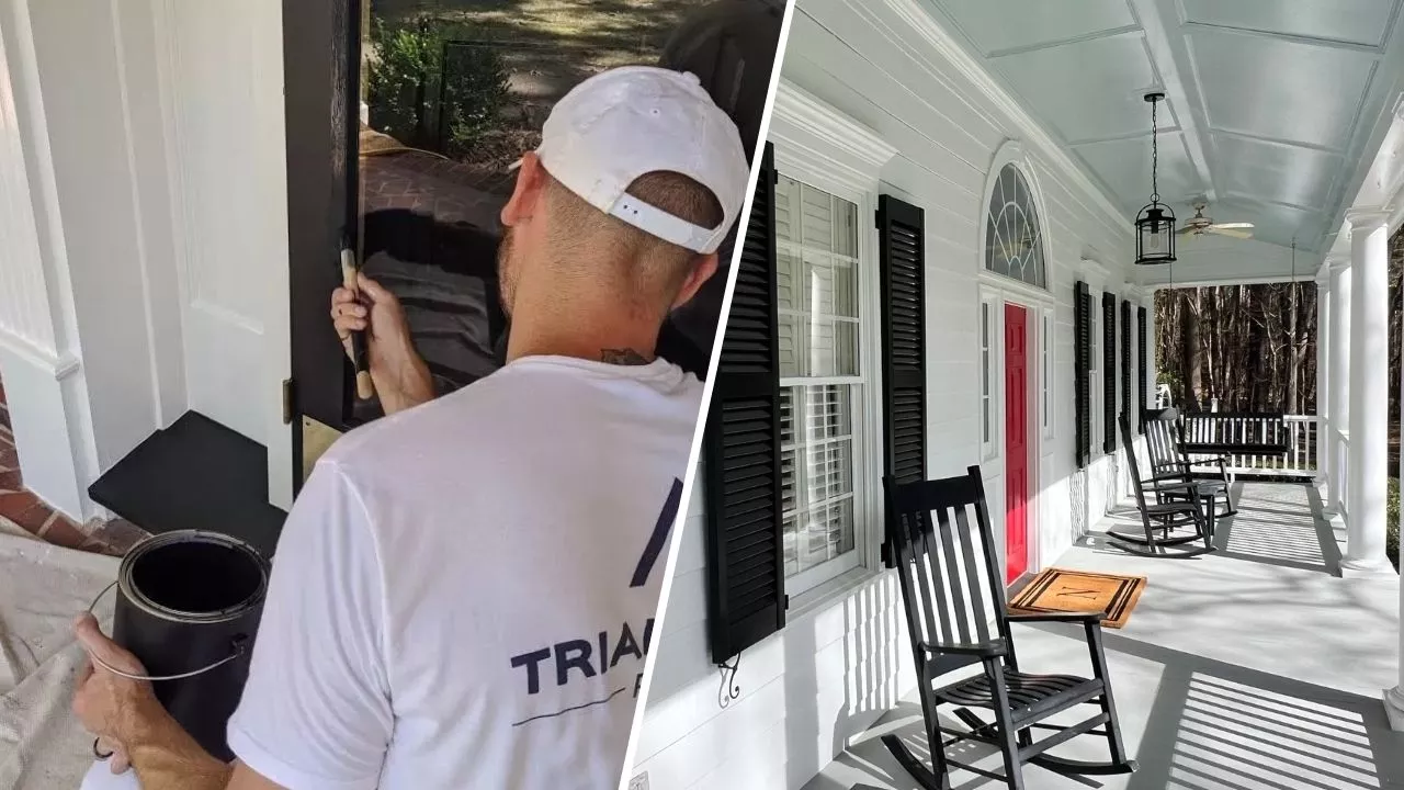 This is a two-split image of front porch and door painting in Stonehenge Raleigh, NC, with a painter applying black detail work and a finished porch view—professionally completed by Triangle Pro Painting
