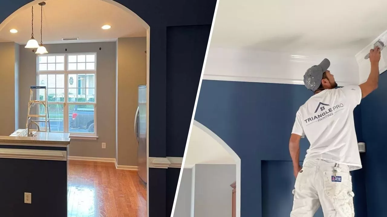 This is a three-split image featuring painting services in Stonehenge Raleigh, NC, showing a completed kitchen repaint, interior wall detail, and refreshed front porch—all completed by Triangle Pro Painting