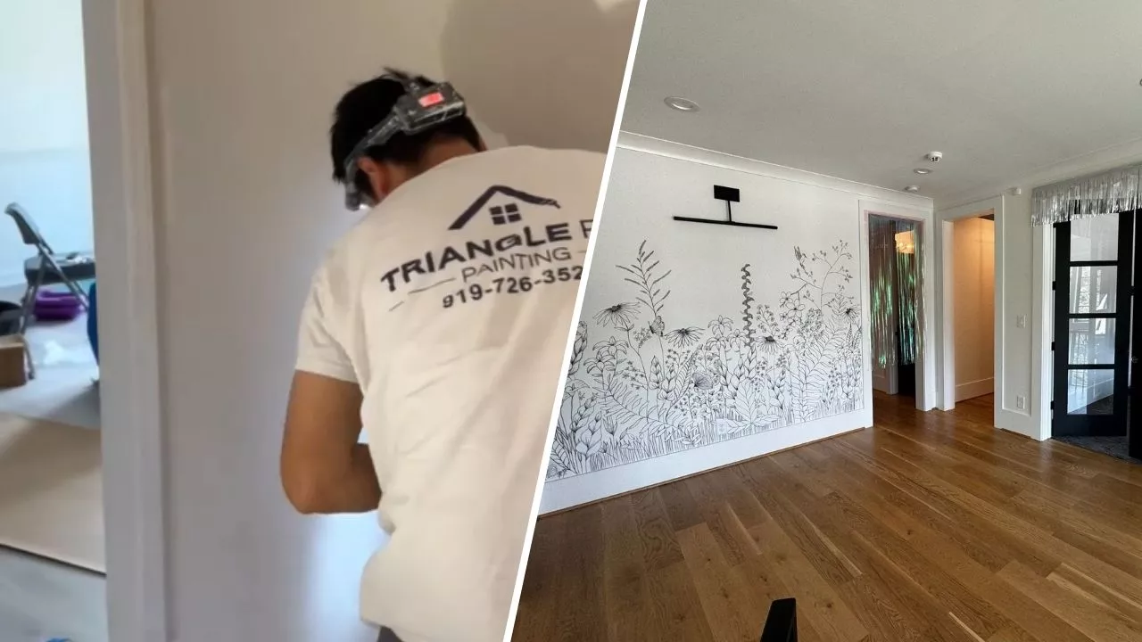 This is a two-split image of detailed interior painting in Stonehenge Raleigh, NC, featuring a painter from Triangle Pro Painting in action and a mural-enhanced living area, delivering high-end finishes by skilled painters near me.