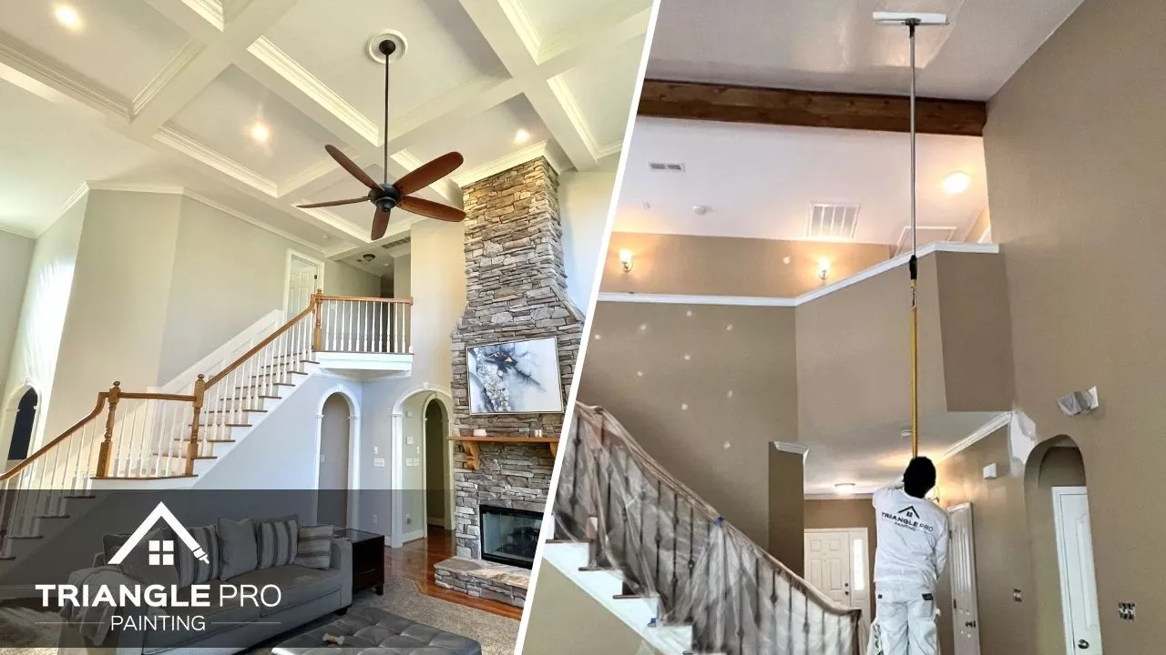 This two-split image displays dramatic two-story interior painting by Triangle Pro Painting in Stonehenge Raleigh, NC.
