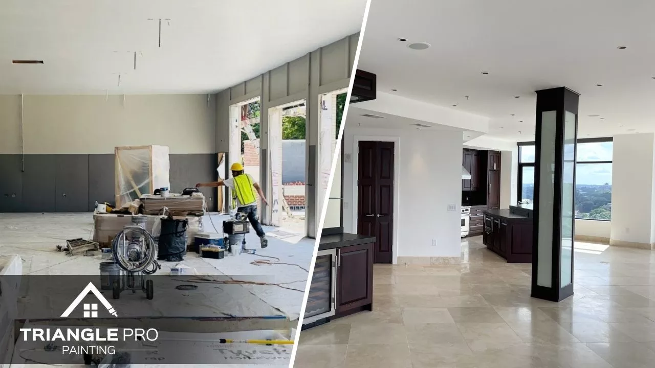 This side-by-side image shows a professional interior painting project in progress and completed in Stonehenge Raleigh, NC.