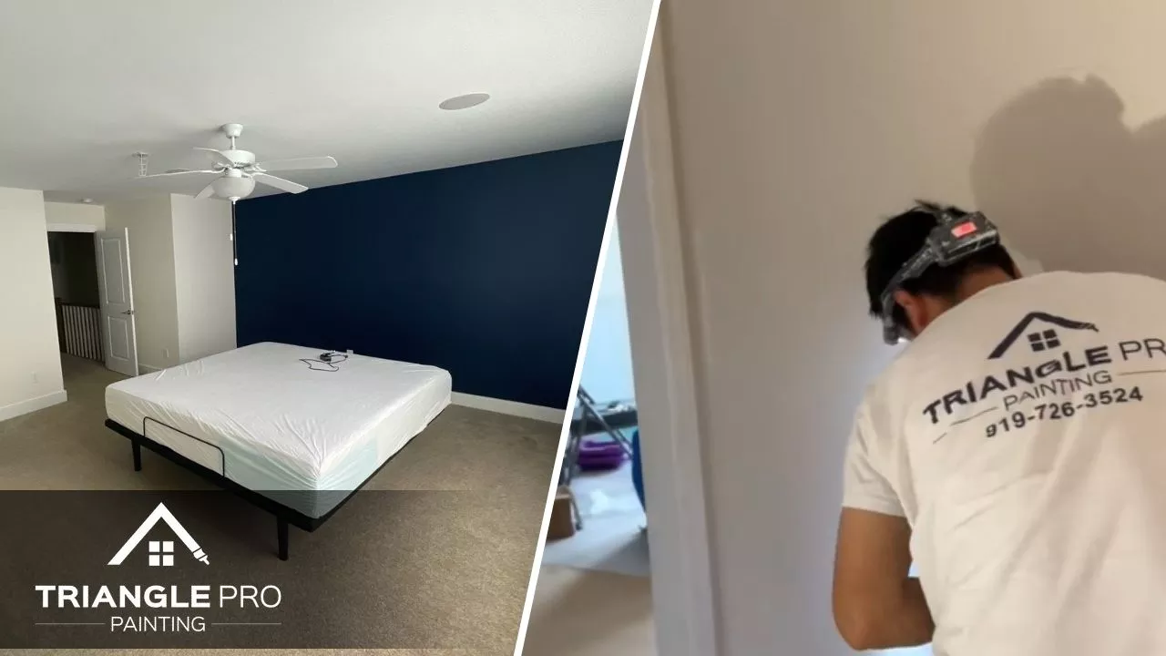 This two-split image captures a bold bedroom accent wall and a Triangle Pro Painting crew member applying paint to trim, showcasing precise interior work in Stonehenge Raleigh, NC.