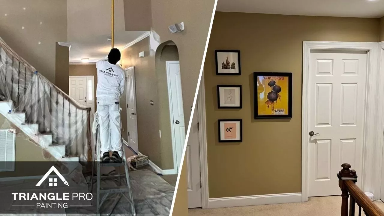 This is a two-split image of interior painting in Stonehenge Raleigh, NC, showing a hallway painting in progress and a completed upstairs hallway.