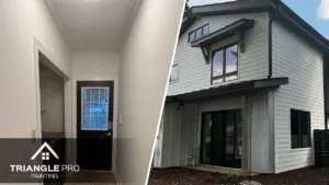 A clean hallway entry and modern exterior in Stonehenge Raleigh, NC are featured in this split image.
