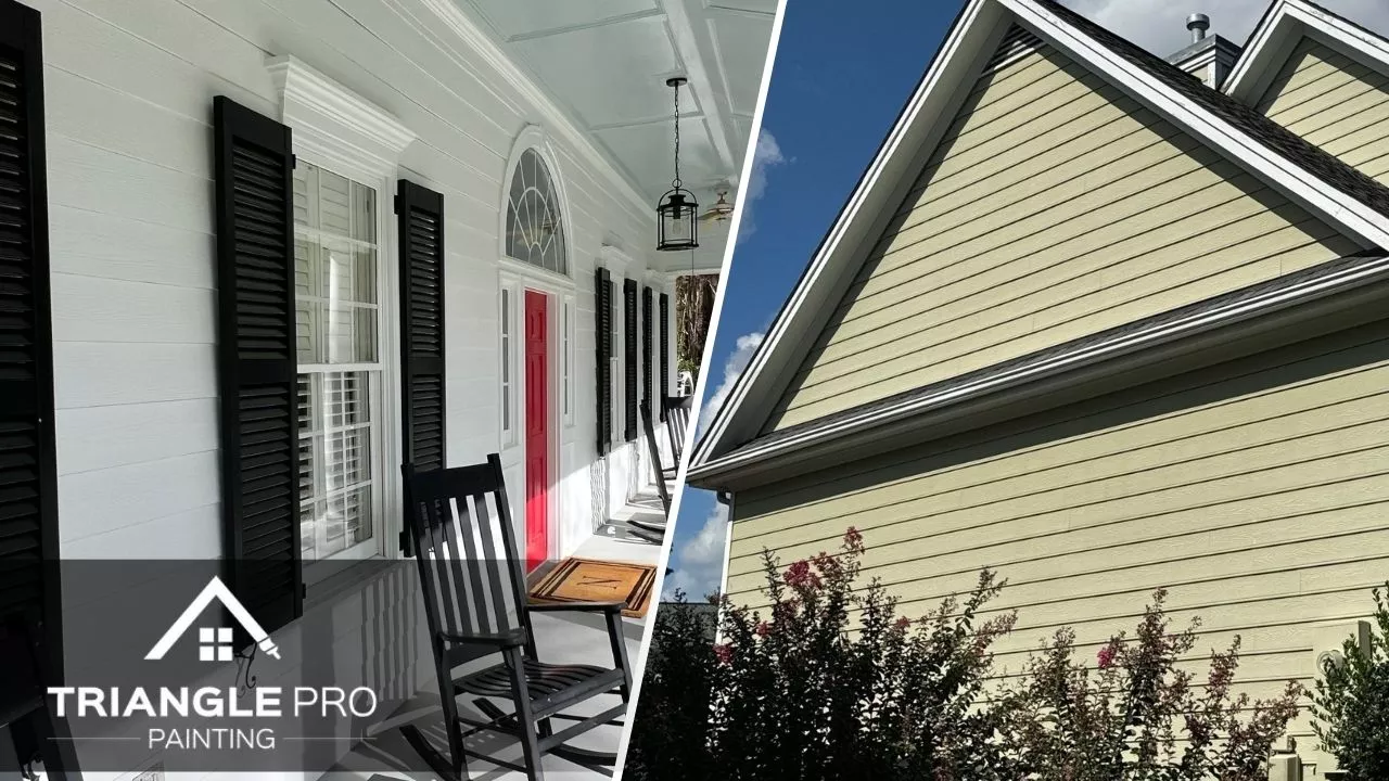 A newly painted porch and a zoom out picture of a sideview of a house.