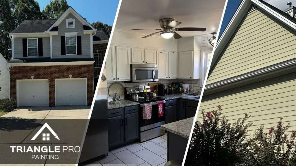 This is a split image of a beautiful house, a kitchen cabinet, and a beautiful siding in Raleigh, NC.