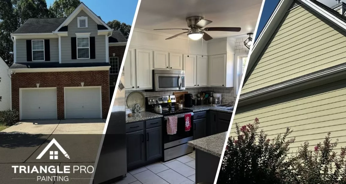 This is a split image of a beautiful house, a kitchen cabinet, and a beautiful siding in Raleigh, NC.