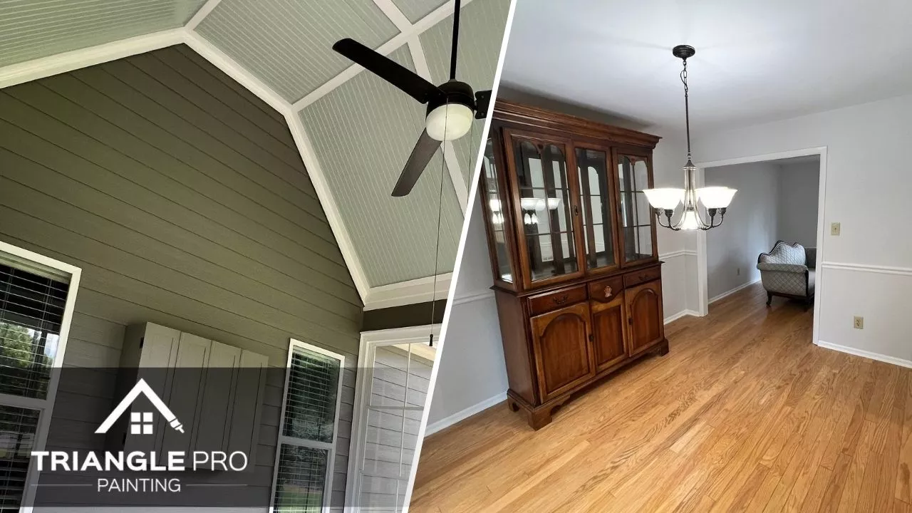 This is a split image of a new painted ceiling and walls in Raleigh.