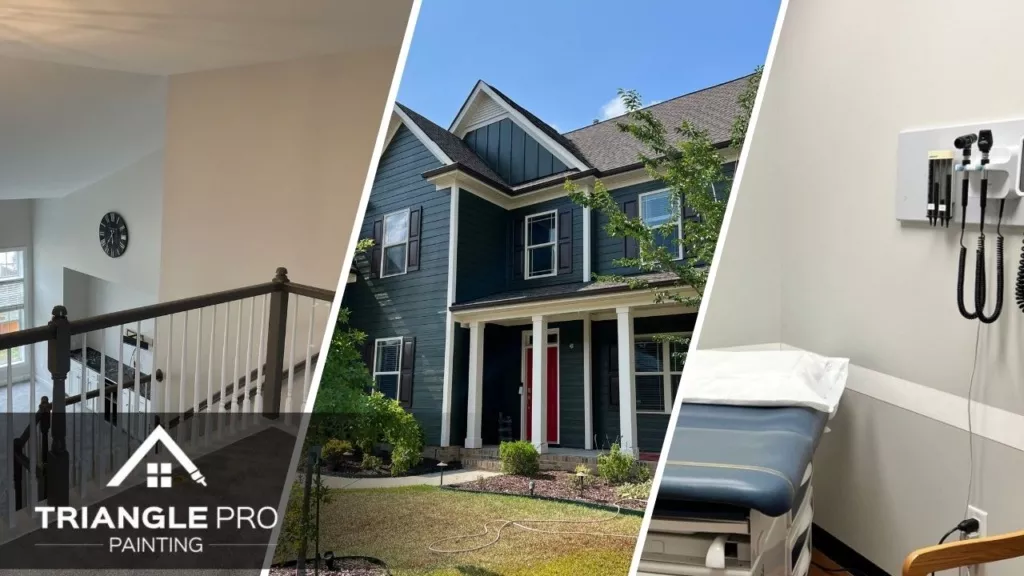 This is a split image of a blue house, white walls, and a clinic in Raleigh, NC.
