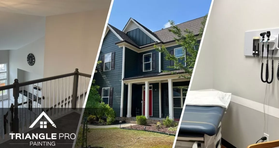 This is a split image of a blue house, white walls, and a clinic in Raleigh, NC.