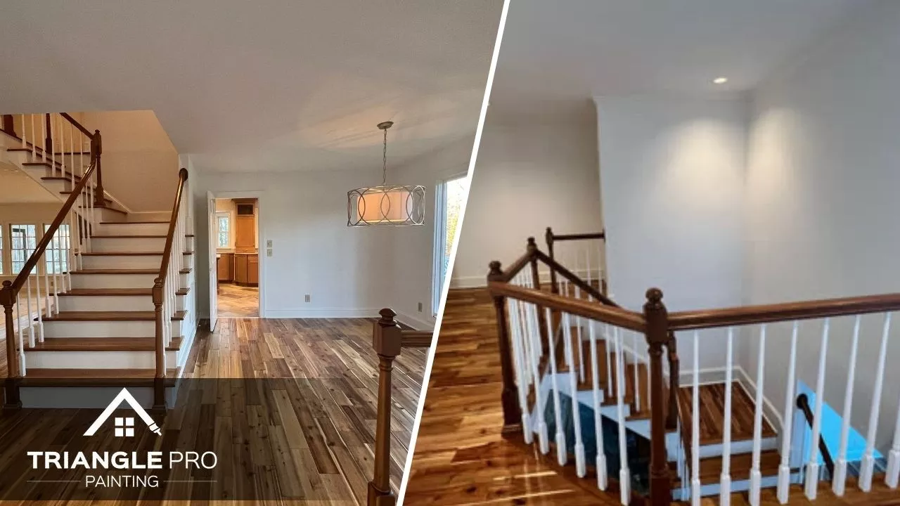 This is a two-split image of interior painting services in Stonehenge Raleigh, NC, featuring a freshly painted staircase entry and upper landing area completed by Triangle Pro Painting
