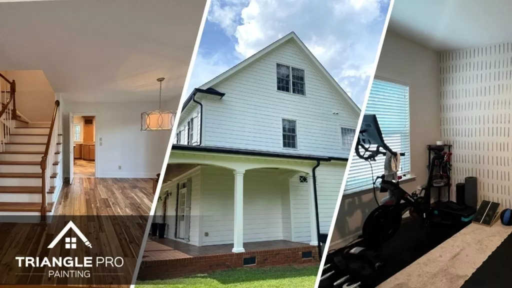 This is a three-split image showcasing residential painting services in Stonehenge Raleigh, NC, including a dining room refresh, exterior house repaint, and a gym accent wall—expertly handled by Triangle Pro Painting