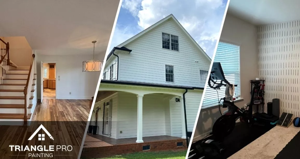 This is a three-split image showcasing residential painting services in Stonehenge Raleigh, NC, including a dining room refresh, exterior house repaint, and a gym accent wall—expertly handled by Triangle Pro Painting