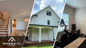 This is a three-split image showcasing residential painting services in Stonehenge Raleigh, NC, including a dining room refresh, exterior house repaint, and a gym accent wall—expertly handled by Triangle Pro Painting