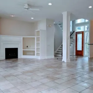 Living room in Raleigh painted with soft greige neutral tones and natural light